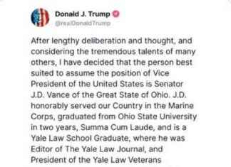 JD Vance Chosen as Republican Vice Presidential Running Mate | Forexlive news-15072024-130631